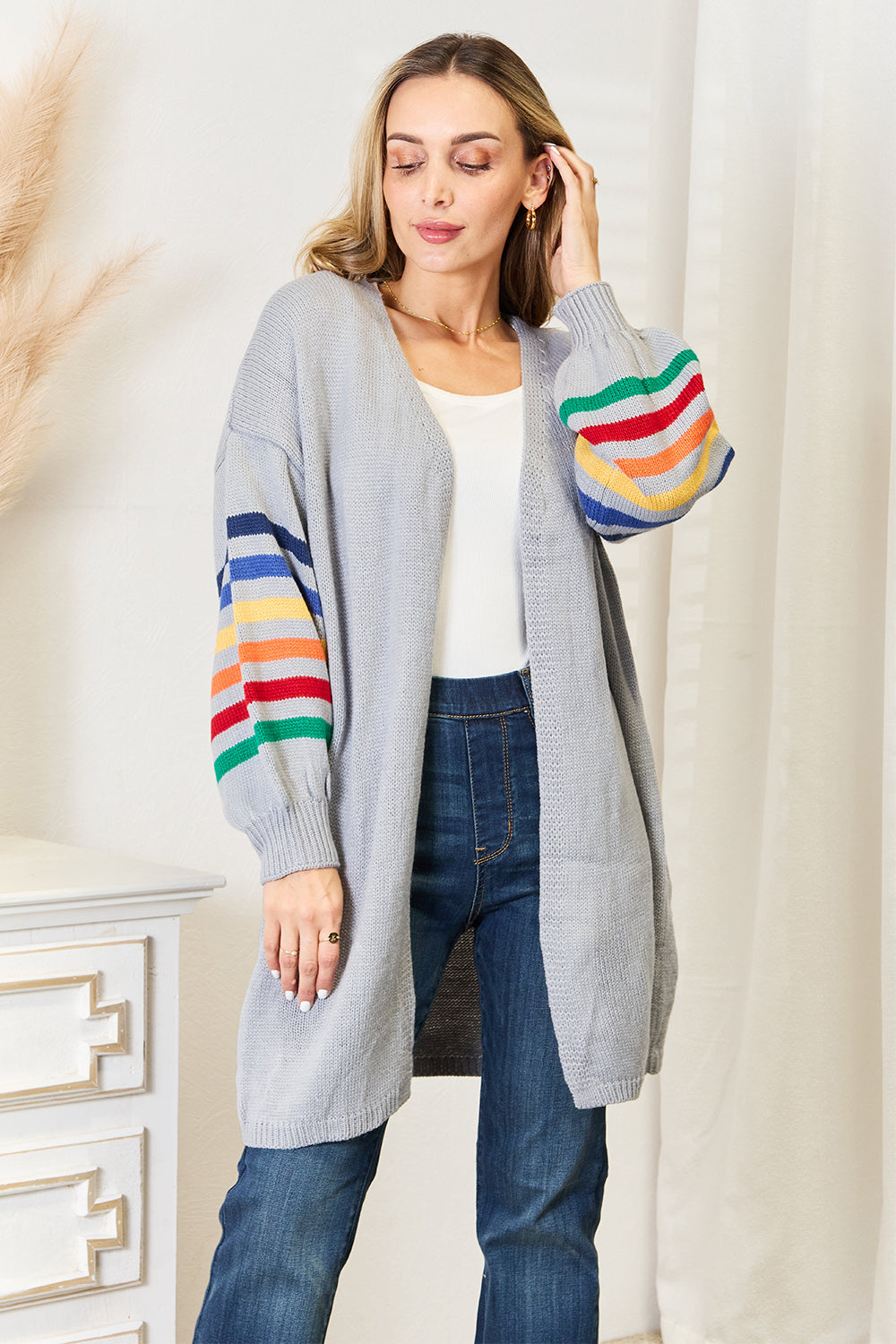 Multicolored Stripe Open Front Longline Cardigan Multicolored Stripe Open Front Longline Cardigan